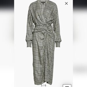 rag & bone Amber Plaid Front Twist Midi Gray Black Long Sleeve Wrap Dress